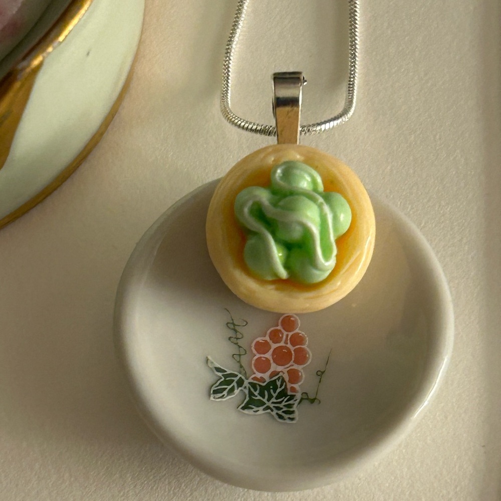 Necklace Vintage Mini China plate w grape cluster & Key Lime cream pastry, chain
